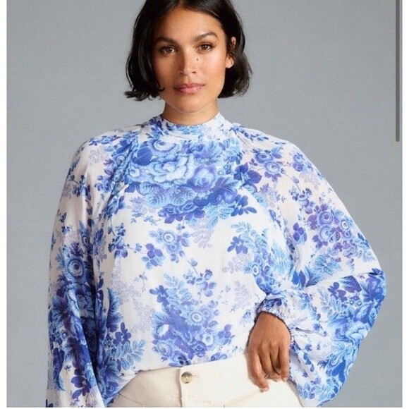 Maeve Tops - MAEVE Anthropologie Romantic Blue White Floral Sheer Open Tie Back Blouse Top SP